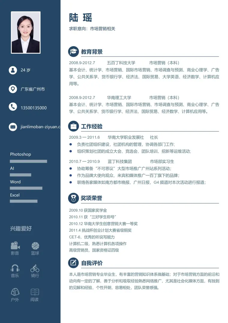 市场营销相关免费简历模板 预览图