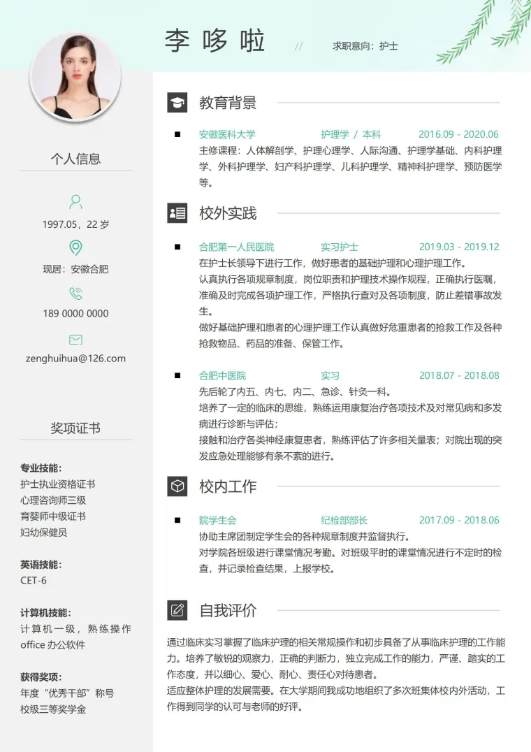 实习护士免费简历模板 预览图
