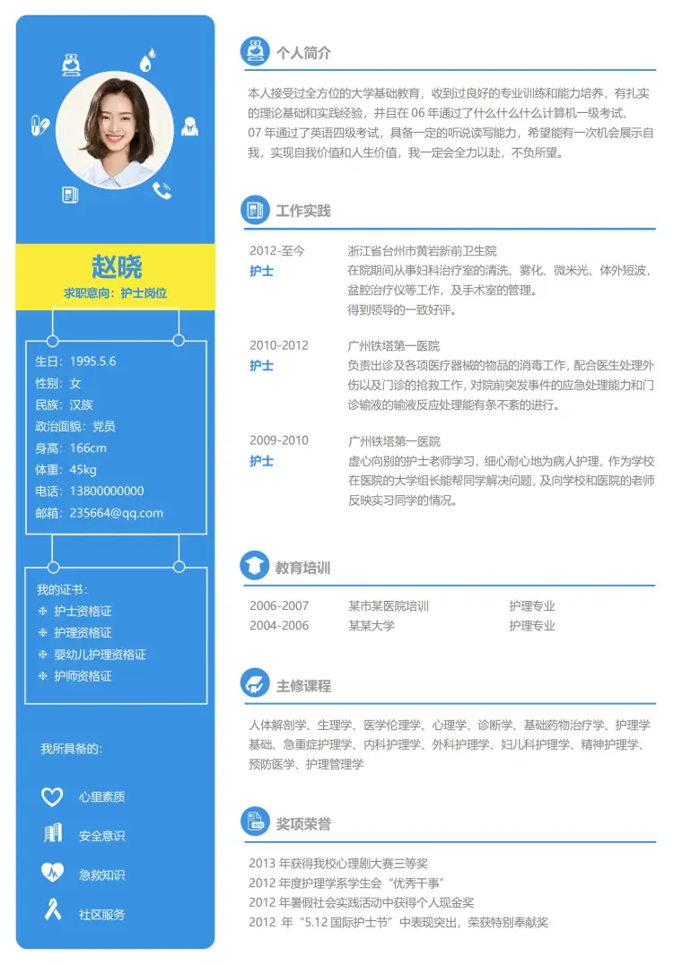 求职意向护士岗位免费简历 预览图
