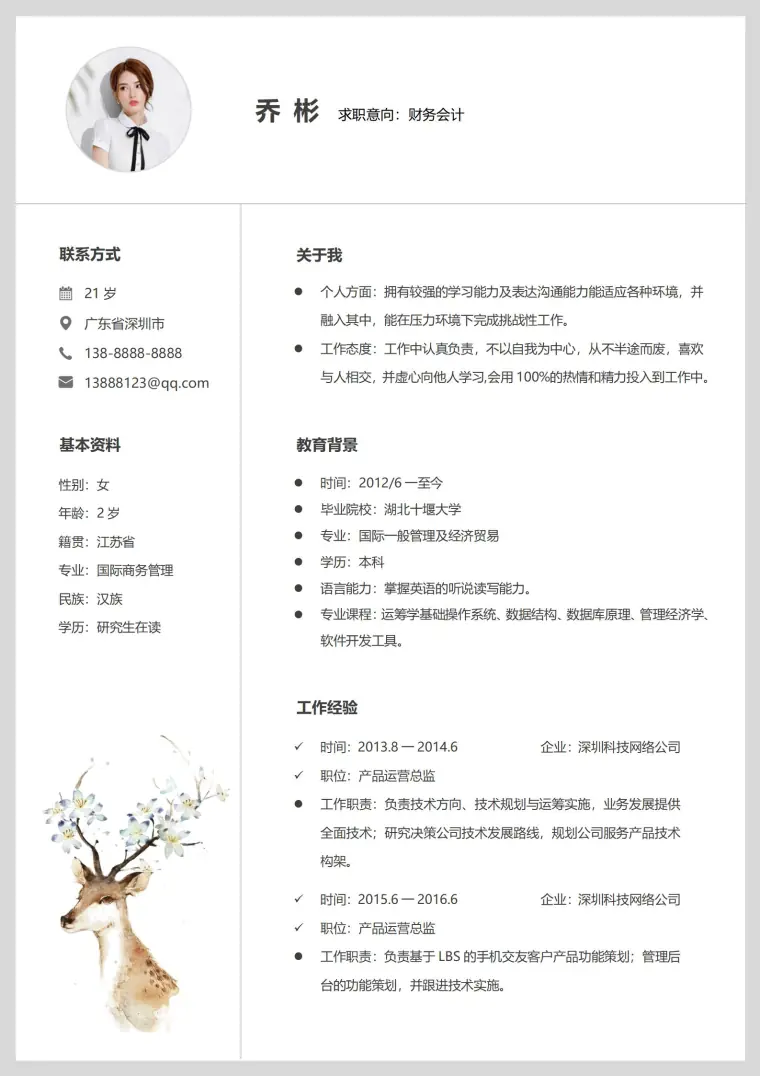 财务会计风免费简历模板 预览图