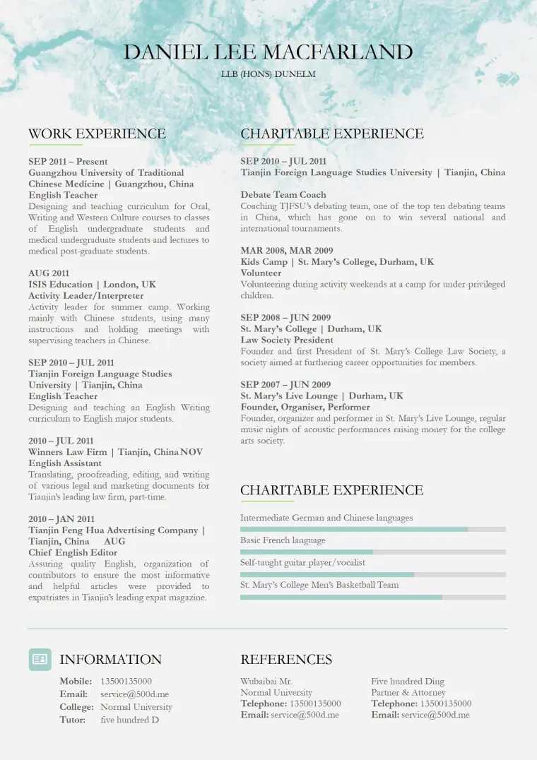 带背景底纹的求职简历模板 预览图
