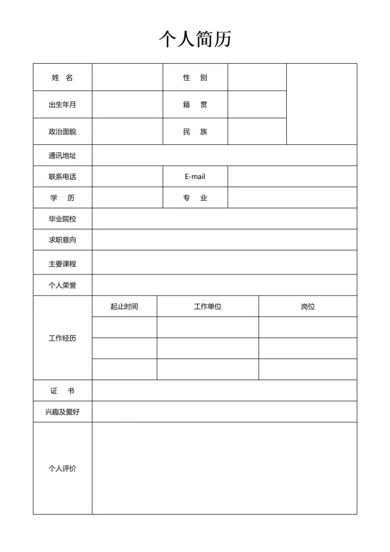 清晰有序的空白简历表格 预览图